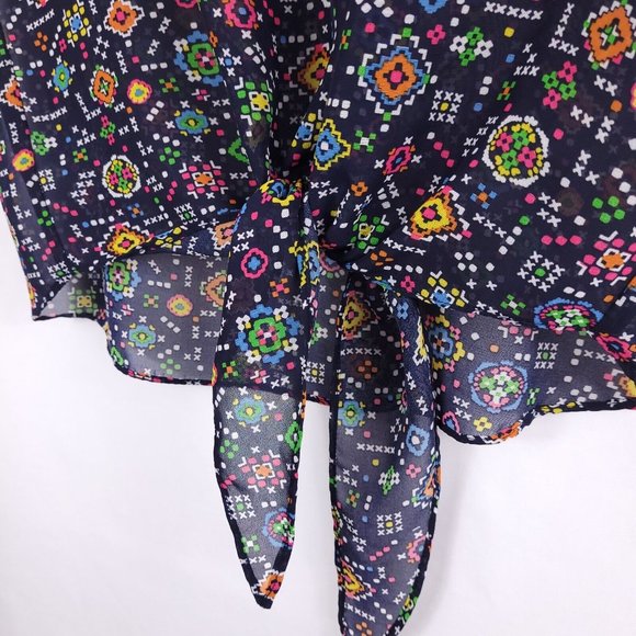 Mimi Chica Women's Multi-Colored Geometric Pattern Tie Up Blue Blouse Size Small - Picture 3 of 6